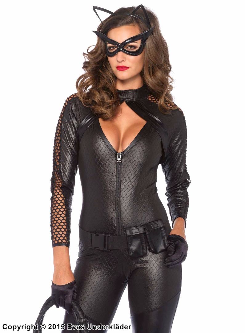 Catwoman, kostyme-catsuit, nøkkelhull, nettingermer